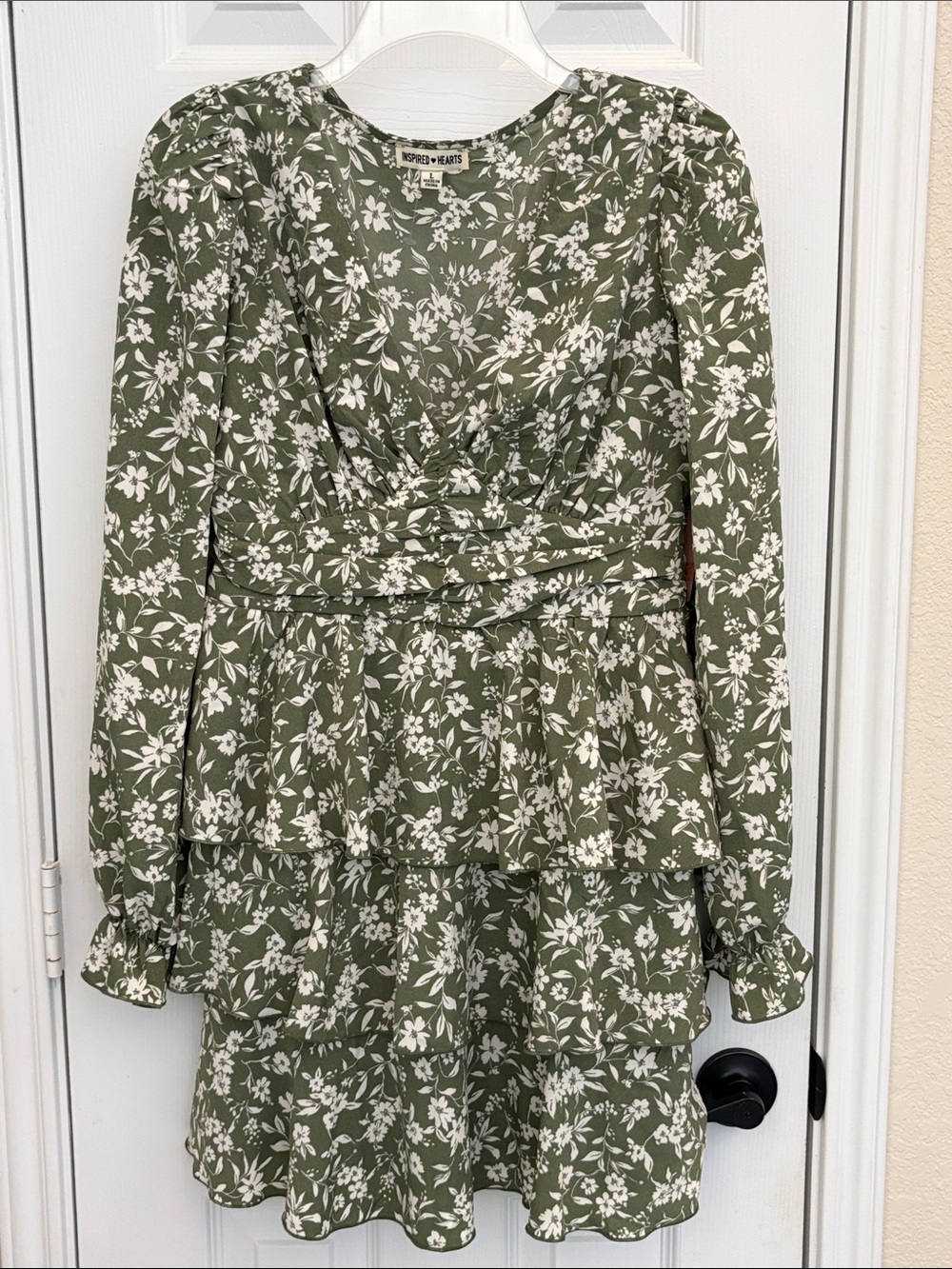 Inspired Hearts Olive Green & White Floral Tiered Long Sleeve Dress